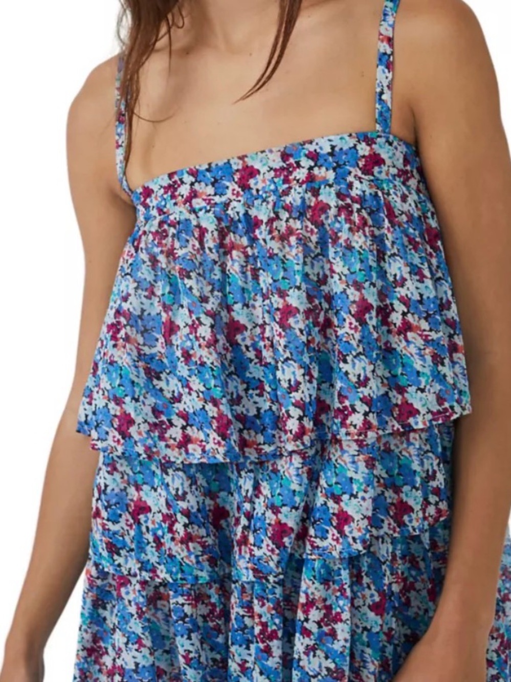Free People Blue Floral Tiered Spaghetti Strap Top